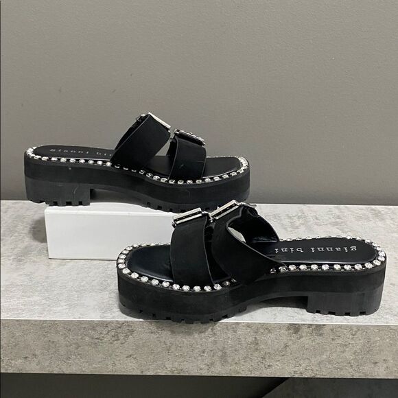 Gianni Bini Black Leather Rhinestone Buckle Sandals - Picture 3 of 14